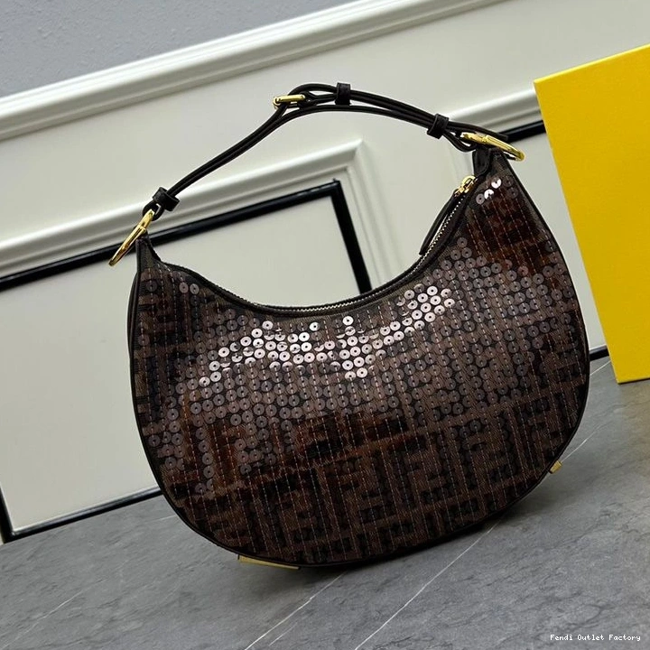Vintage HOT Fendigraphy In with FF Small Fabric Fendi Hobo Brown Motif Sequins Bag 0825